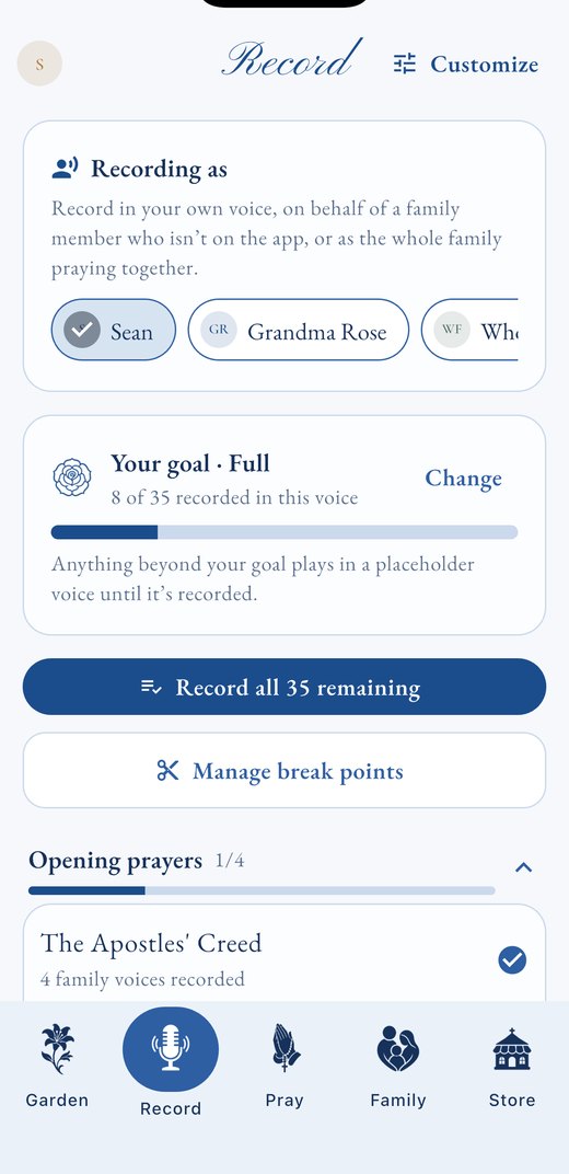The Record tab — capture each prayer in your own voice